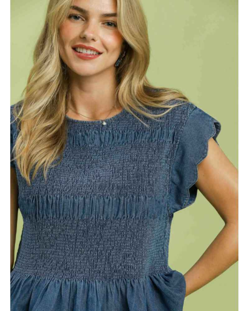 Smocked Denim Peplum Top