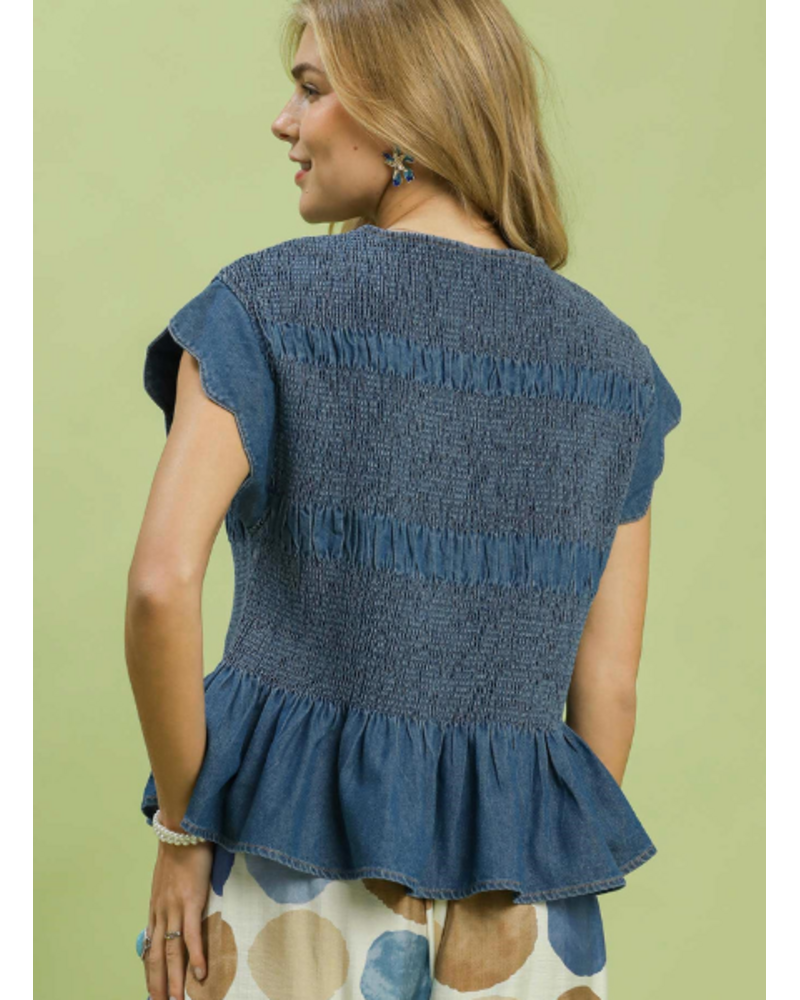Smocked Denim Peplum Top