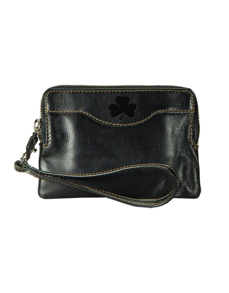 Carolina Sewn Final Sale Leather Zip Black Clutch w/Shamrock