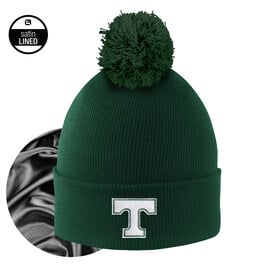 Logo Fit Green Satin Lined Cuff Knit Hat with Pom