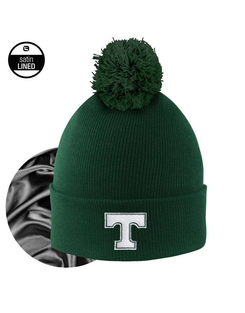 Logo Fit Green Satin Lined Cuff Knit Hat with Pom