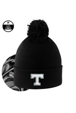 Logo Fit Black Satin Lined Cuff Knit Hat with Pom