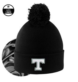 Logo Fit Black Satin Lined Cuff Knit Hat with Pom