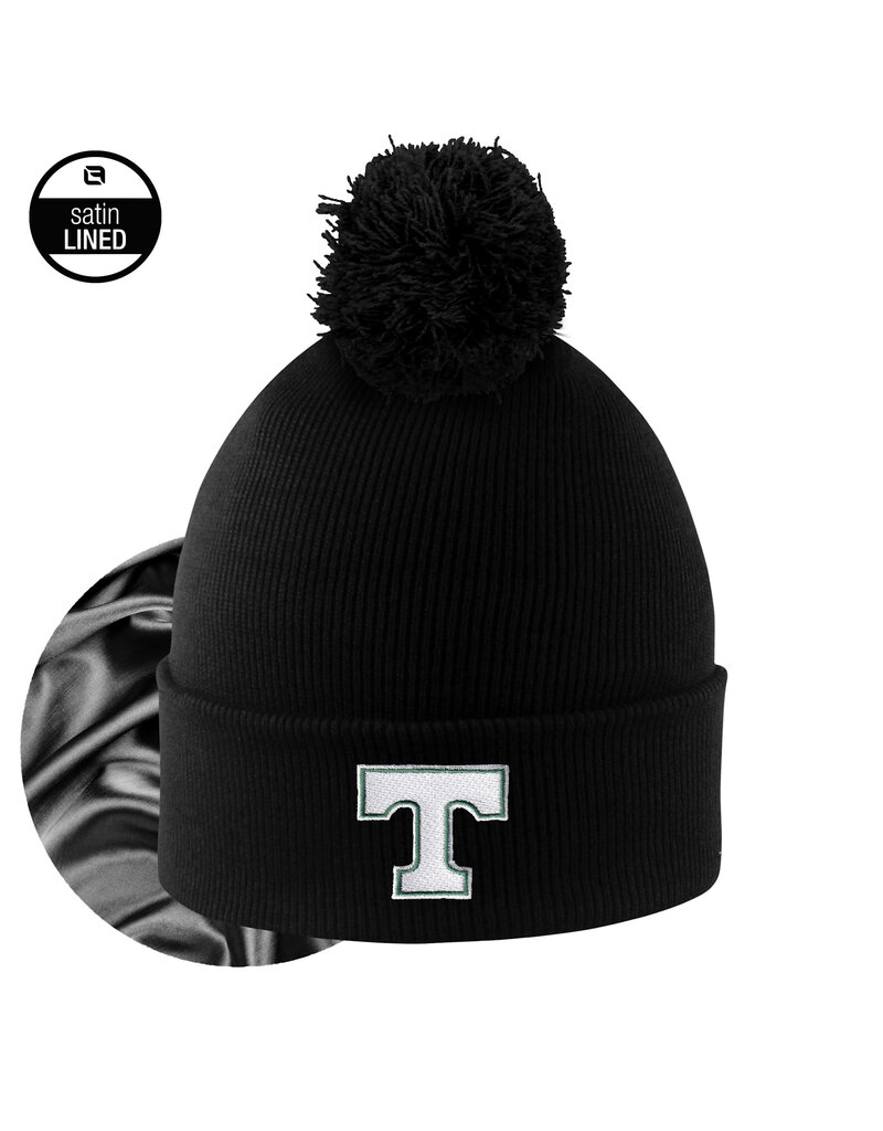 Logo Fit Black Satin Lined Cuff Knit Hat with Pom