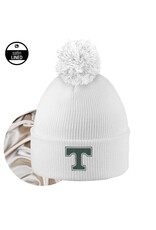 Logo Fit White Satin Lined Cuff Knit Hat with Pom