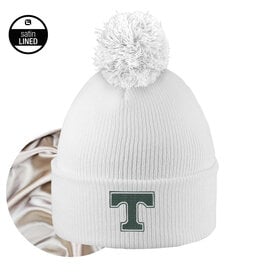 Logo Fit White Satin Lined Cuff Knit Hat with Pom
