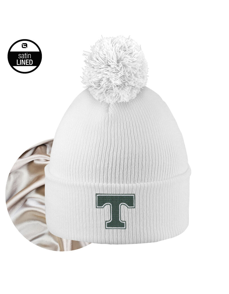 Logo Fit White Satin Lined Cuff Knit Hat with Pom