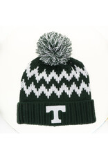 League White & Green Zigzag Cuff Knit Hat with Pom
