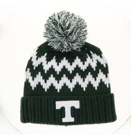 League White & Green Zigzag Cuff Knit Hat with Pom
