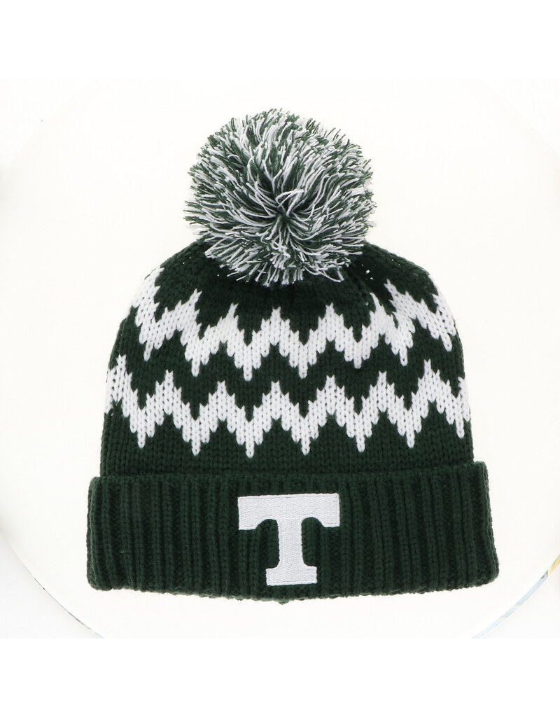 League White & Green Zigzag Cuff Knit Hat with Pom