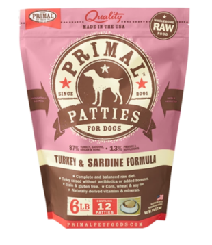 Primal Dog Frozen Raw Patties Turkey & Sardine 6 LB