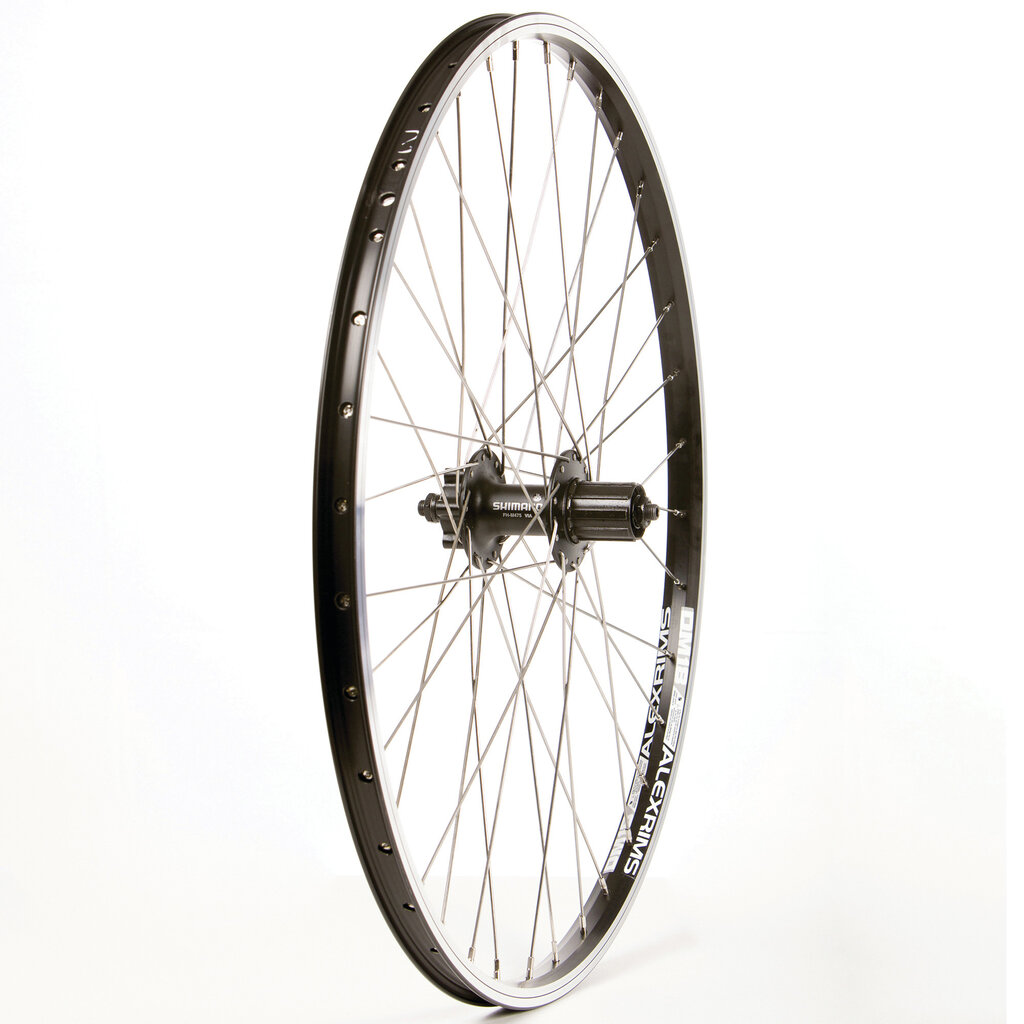 WHEEL SHOP *Wheel Shp, Rear 26" Wheel, 36H Black Ally Duble Wall Alex DM-18/ Black Shiman FH-M475 QR 8-10spd 6 Blt Disc Hub, Stainless Spkes