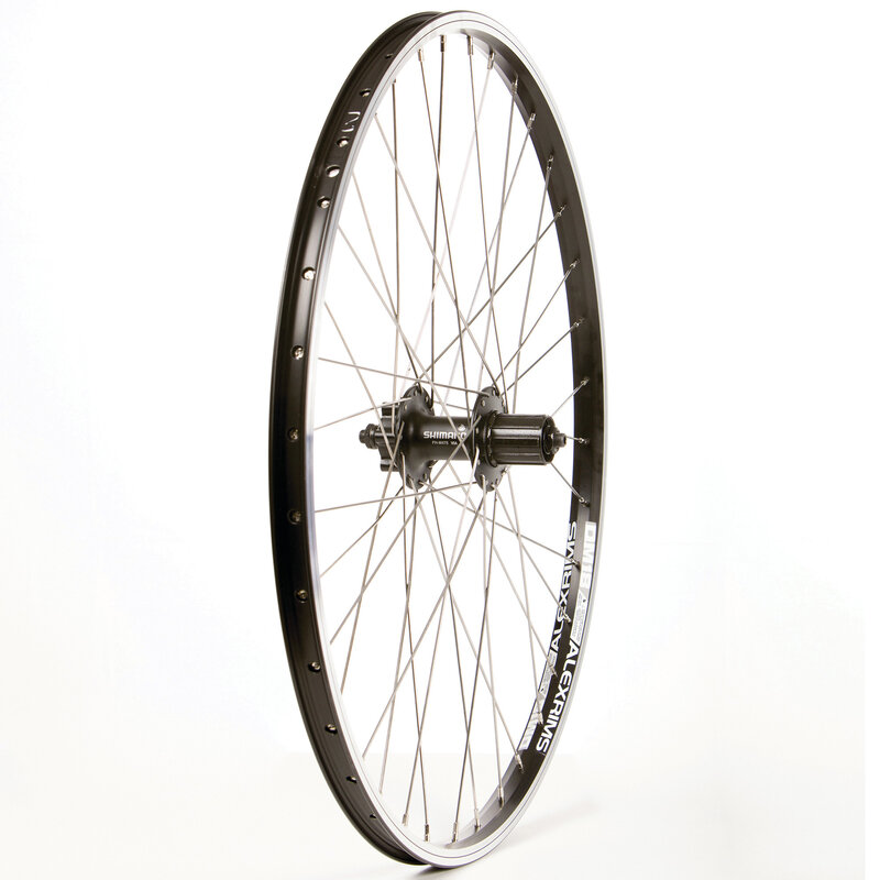 WHEEL SHOP *Wheel Shp, Rear 26" Wheel, 36H Black Ally Duble Wall Alex DM-18/ Black Shiman FH-M475 QR 8-10spd 6 Blt Disc Hub, Stainless Spkes