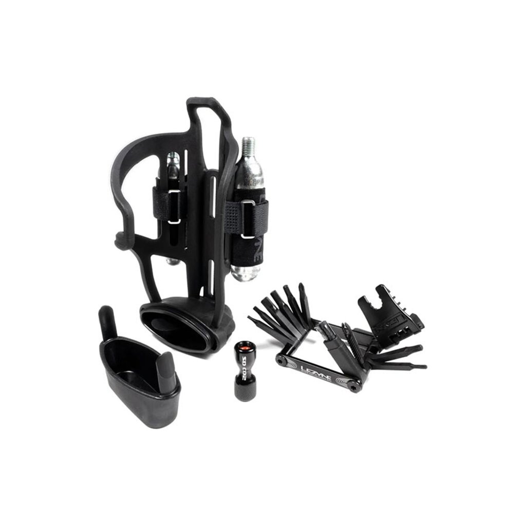 Lezyne Lezyne, Tubeless Flow Storage Loaded, Bottle Cage, Composite, Includes CO2 Head, V18 Multi-Tool with Tubeless Reamer & Tire Plug Kits, 2 CO2 Cartridges (Right)
