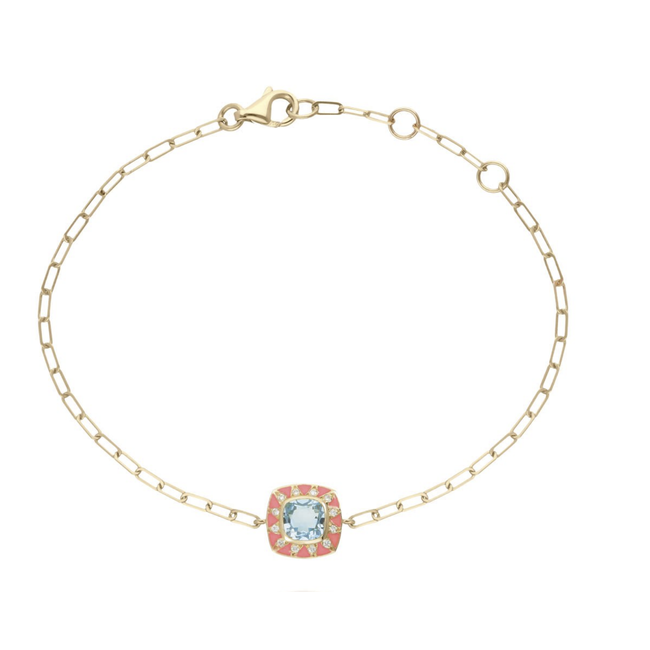 Van Den Abeele Stella Bracelet 18K Yellow Gold Blue Topaz Stone Cabochon Star Shape Pink Enamel