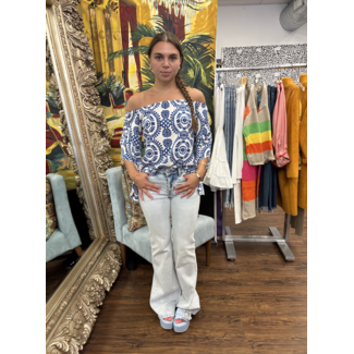 SeeSaw Private Label Shoulder Blouse w Plant Print and Flare Sleeve