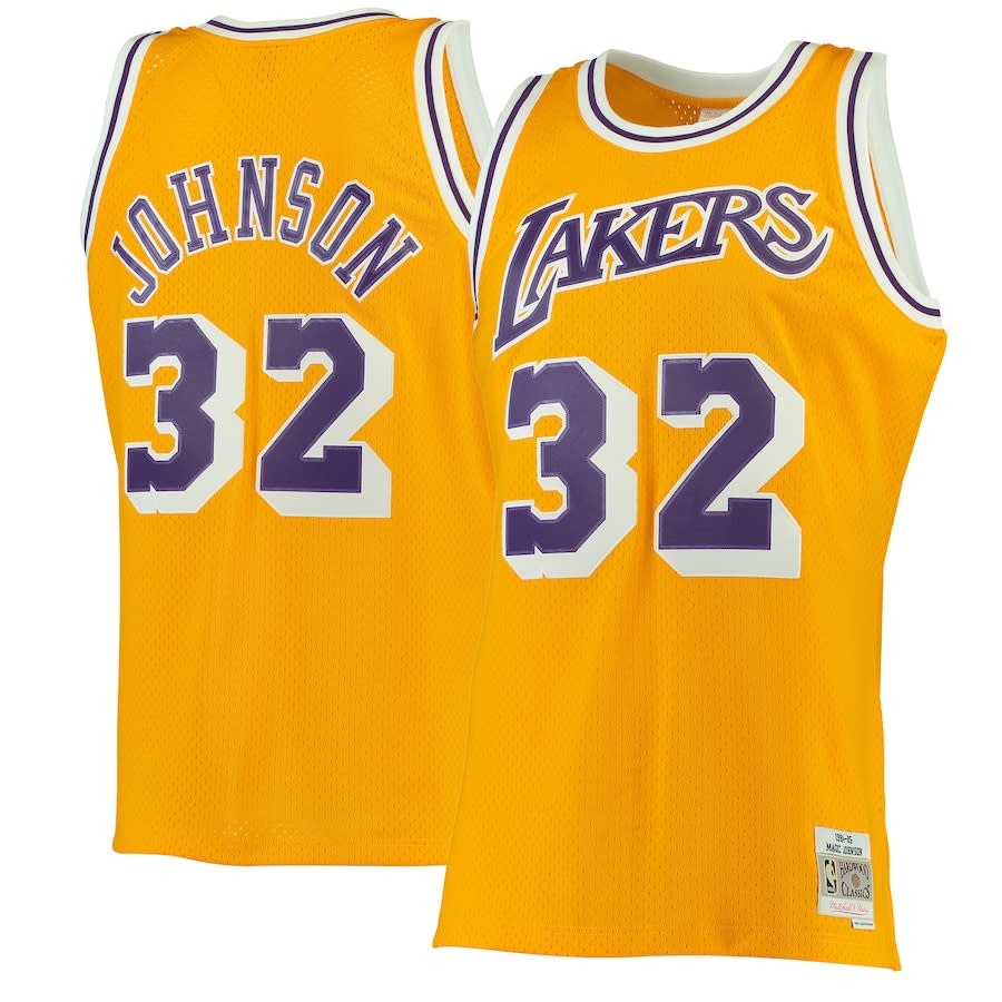 LA Lakers Men s Mitchell Ness 1984 85 Magic Johnson 32 Swingman Jersey Gold The Locker Room of Downey