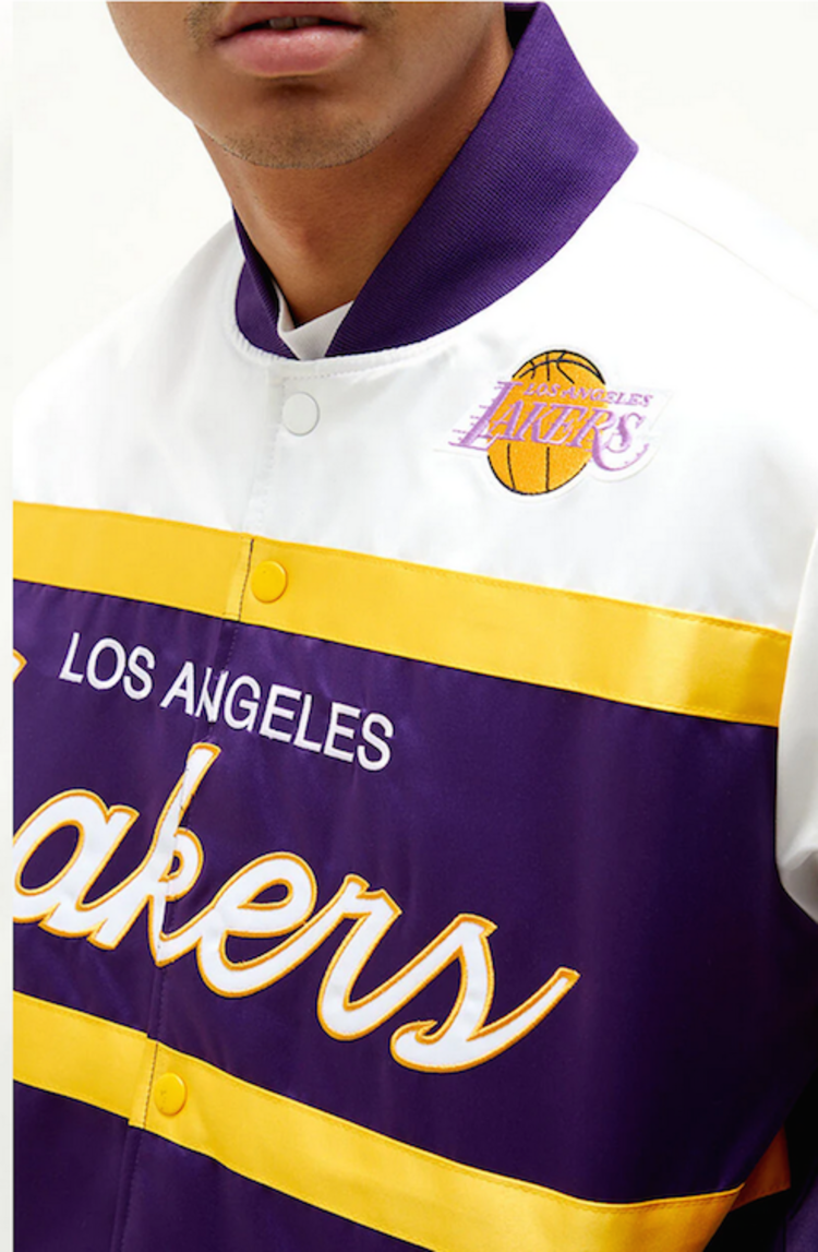 Mitchell and Ness LA Lakers M&N Special Script Heavyweight Satin Jacket Purple White