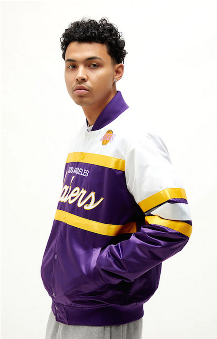 Mitchell and Ness LA Lakers M&N Special Script Heavyweight Satin Jacket Purple White