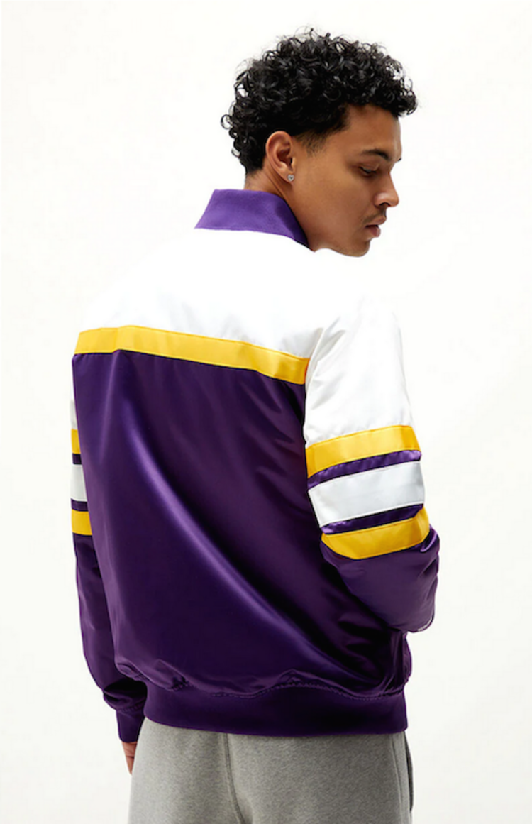 Mitchell and Ness LA Lakers M&N Special Script Heavyweight Satin Jacket Purple White