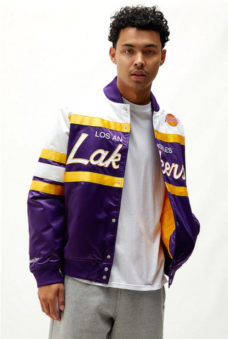 Mitchell and Ness LA Lakers M&N Special Script Heavyweight Satin Jacket Purple White