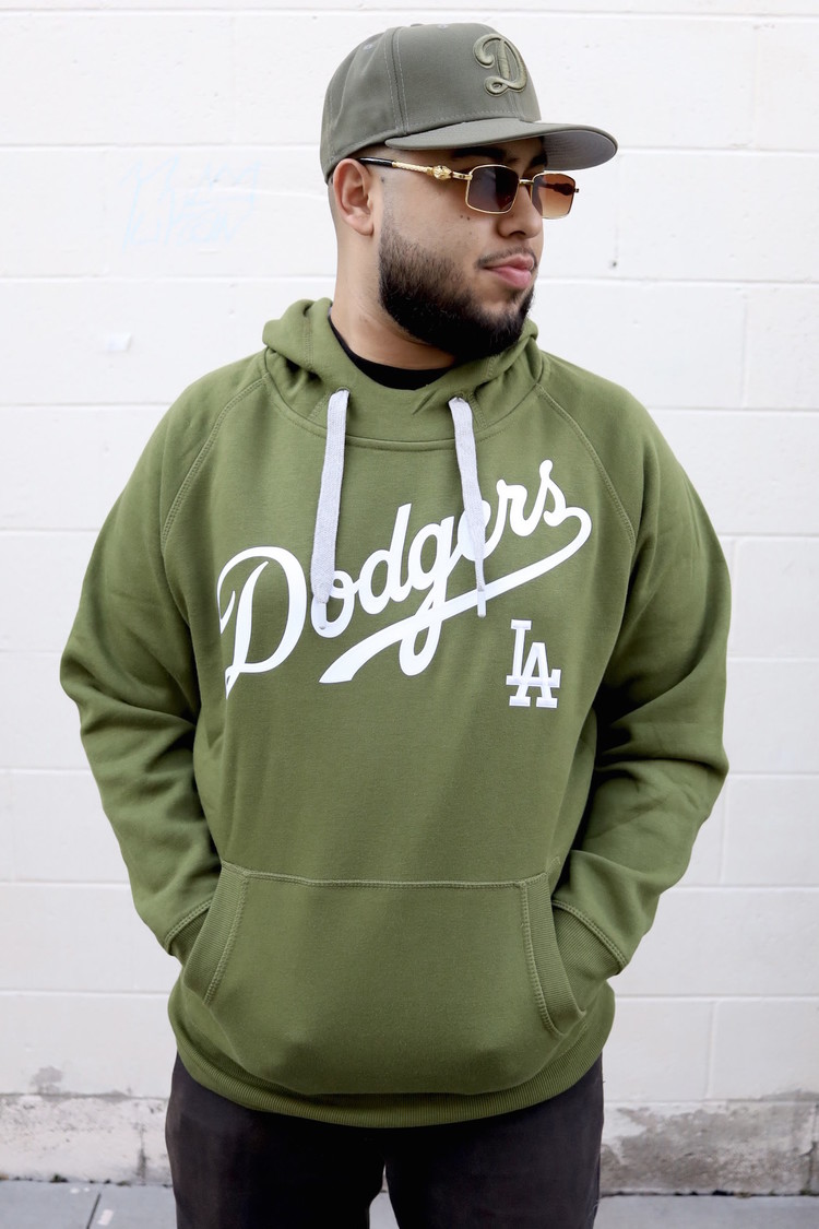 Antigua LA Dodgers Olive Pullover Hoodie Wordmark