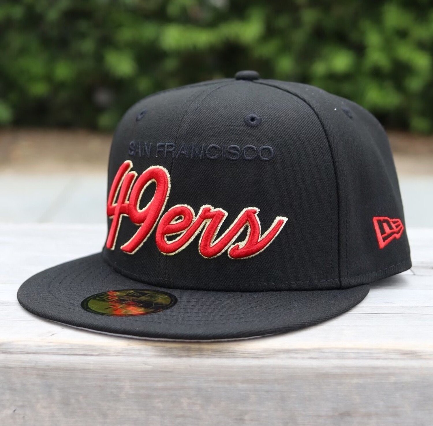 San Francisco 49ers Script Black Red Gold 59Fifty Fitted Hat by