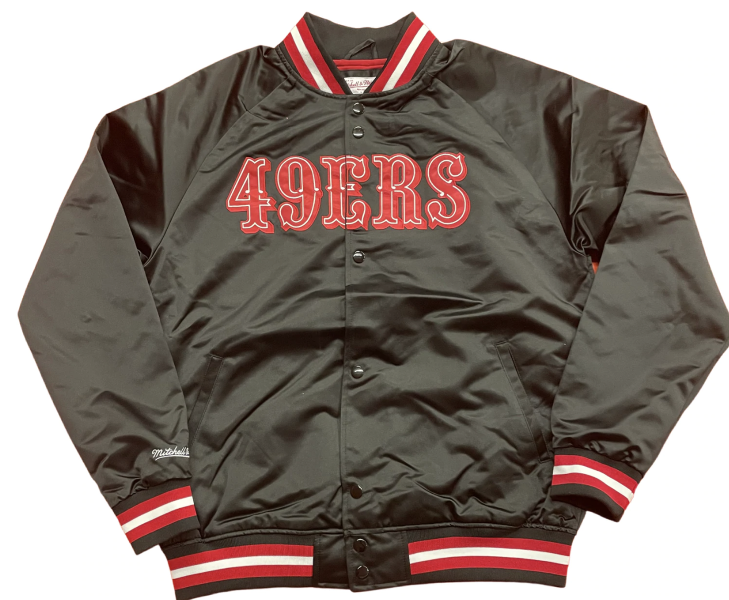 SF 49ers M&N Lightweight Satin Jacket Black Red - The Locker Room of Downey