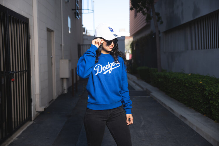 Antigua LA Dodgers Women's Wordmark Royal Crew Sweater