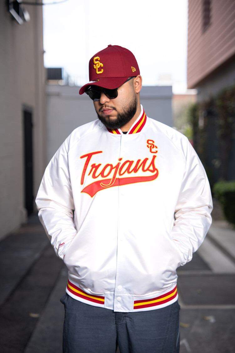 Mitchell and Ness USC Trojans Script M&N Lightweight Satin Jacket White
