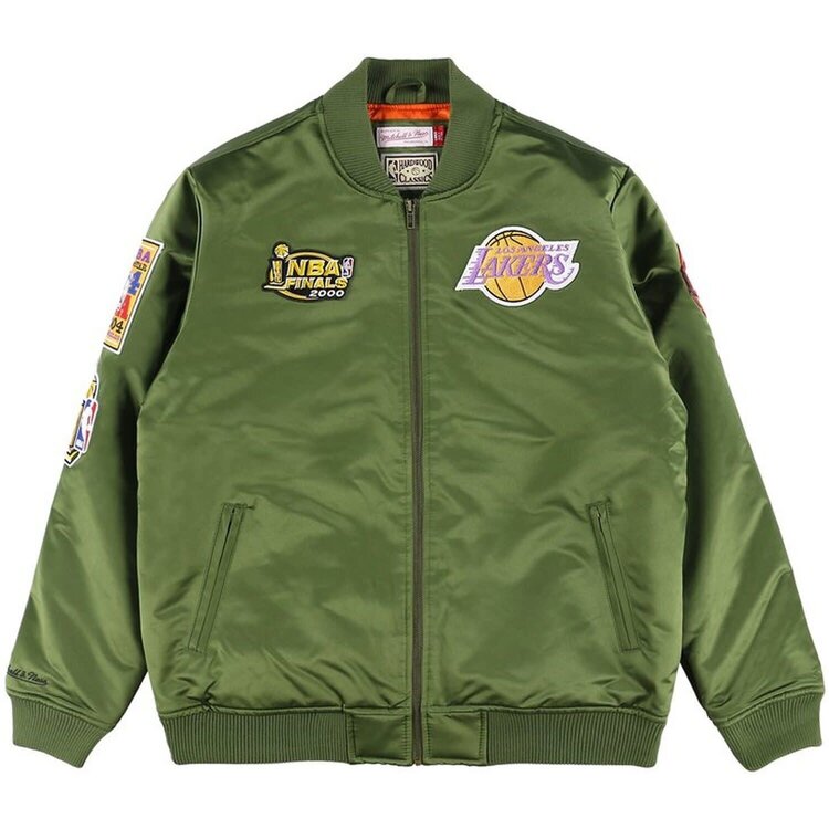 Mitchell and Ness LA Lakers M&N NBA Flight Satin Bomber Jacket Army Green
