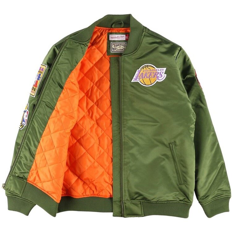 Mitchell and Ness LA Lakers M&N NBA Flight Satin Bomber Jacket Army Green