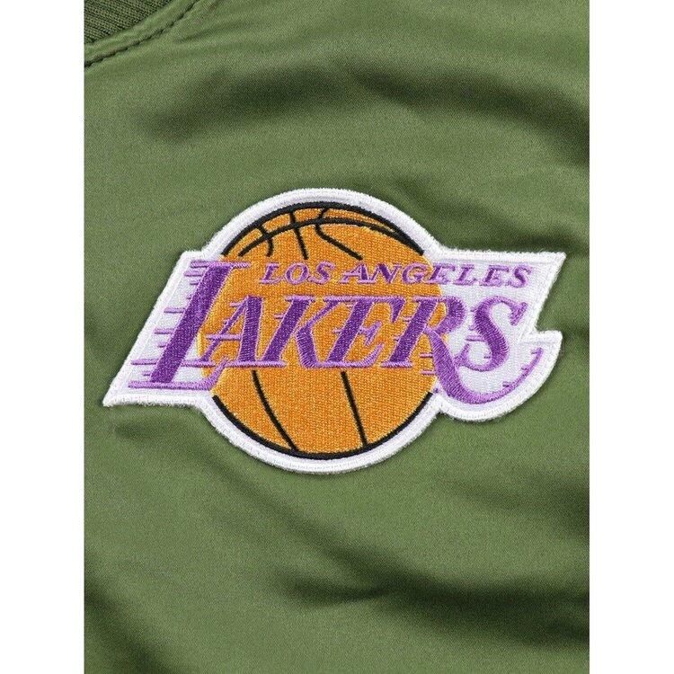 Mitchell and Ness LA Lakers M&N NBA Flight Satin Bomber Jacket Army Green