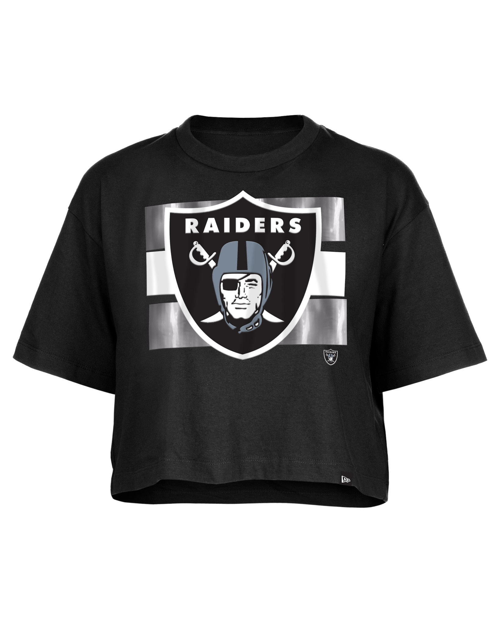 Raiders Women's NE Primary Logo Foil Black Crew SS Crop Tee Raiders Women's NE Primary Logo Foil Black Crew SS Crop Tee