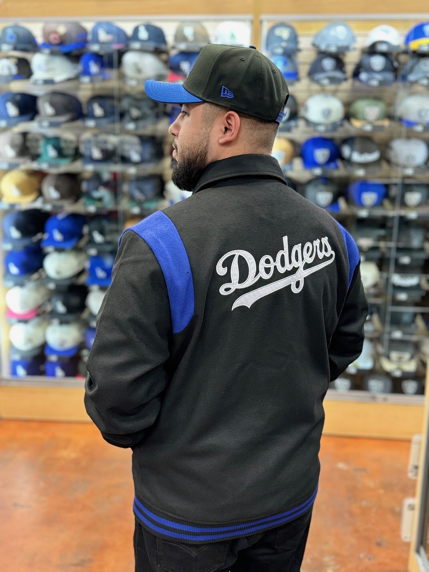 Dodgers Men's NE Varsity Wool Button Snap Jacket Black/Royal - The