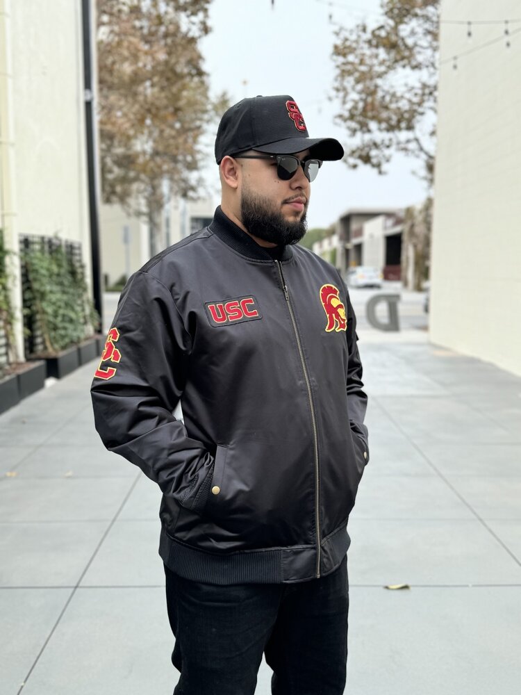 Mitchell and Ness USC Trojans M&N Team Leader Satin Bomber Jacket Black