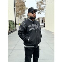 G-III Dodgers Men's Clutch Hitter Varsity Button Snap Jacket Black White
