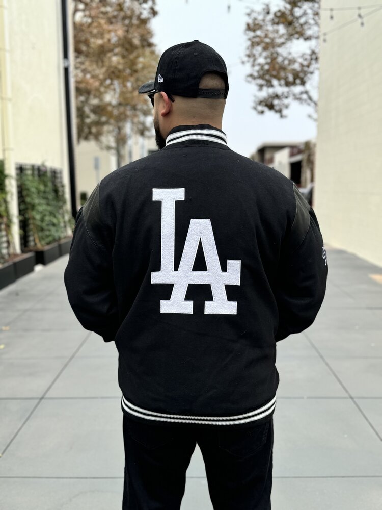G-III Dodgers Men's Clutch Hitter Varsity Button Snap Jacket Black White