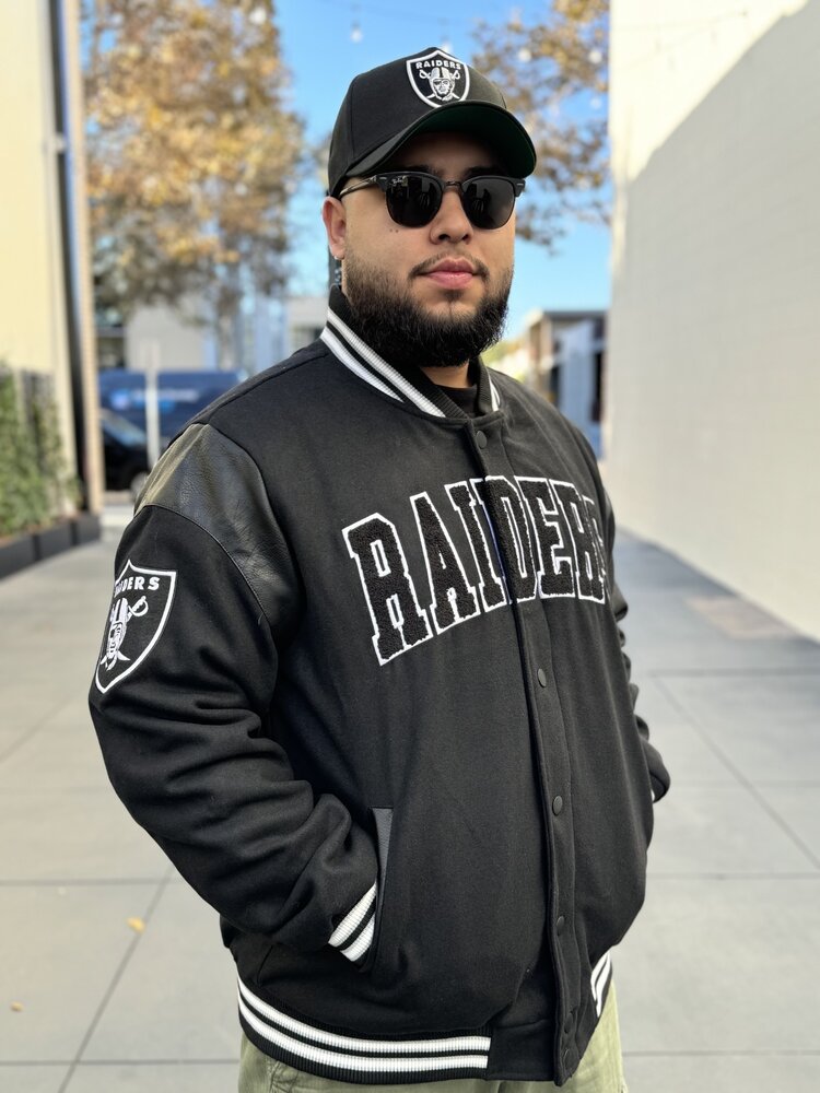 G-III Raiders Men's Clutch Hitter Varsity Button Snap Jacket Black White