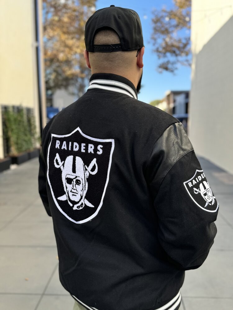 G-III Raiders Men's Clutch Hitter Varsity Button Snap Jacket Black White