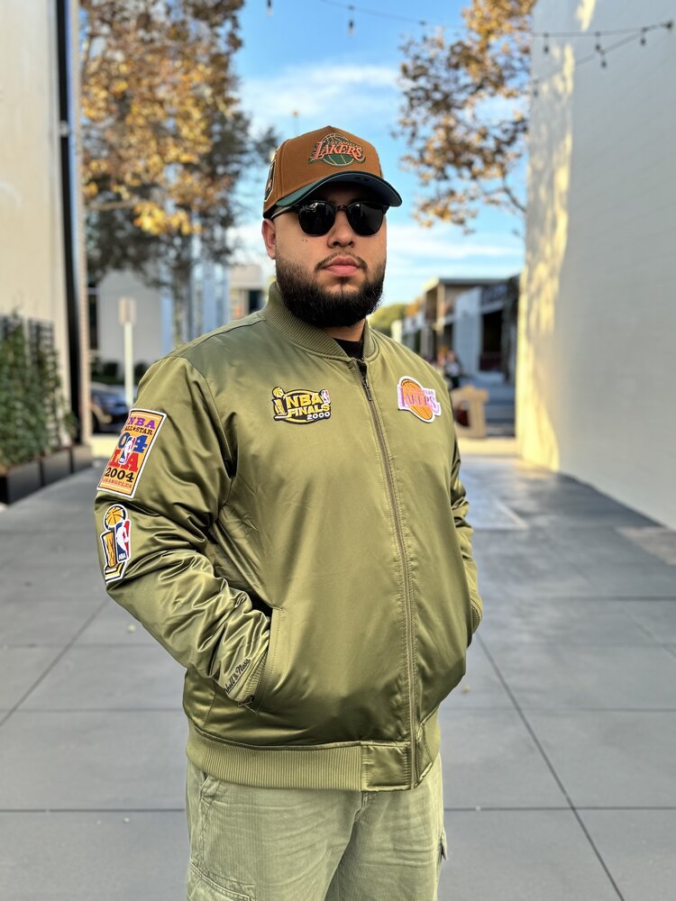 Mitchell and Ness LA Lakers M&N NBA Flight Satin Bomber Jacket Army Green