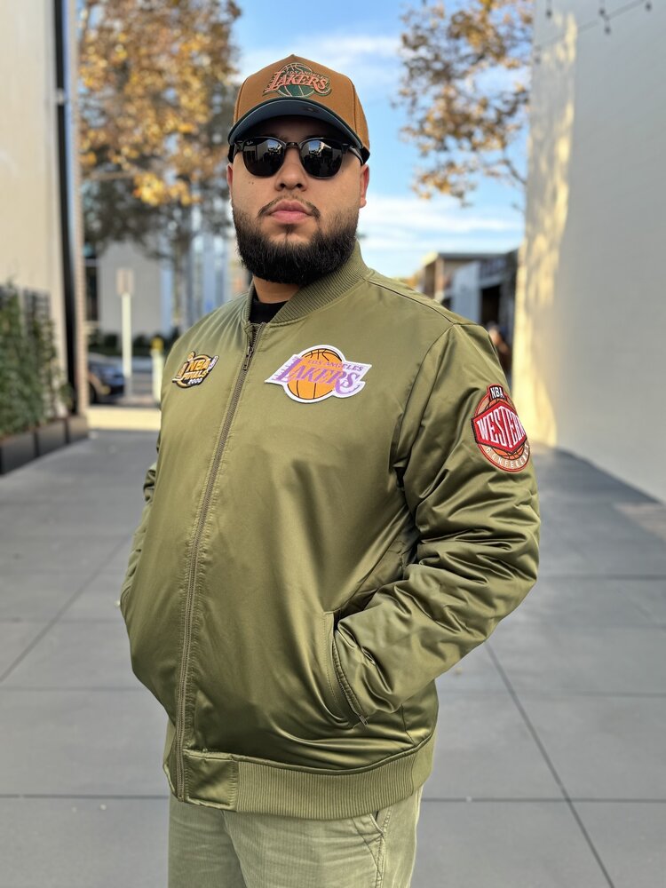 Mitchell and Ness LA Lakers M&N NBA Flight Satin Bomber Jacket Army Green
