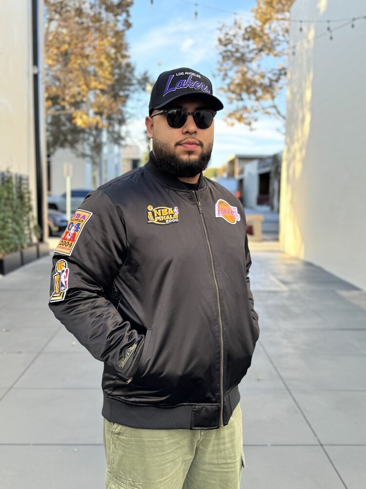 Mitchell and Ness LA Lakers M&N NBA Flight Satin Bomber Jacket Army Black