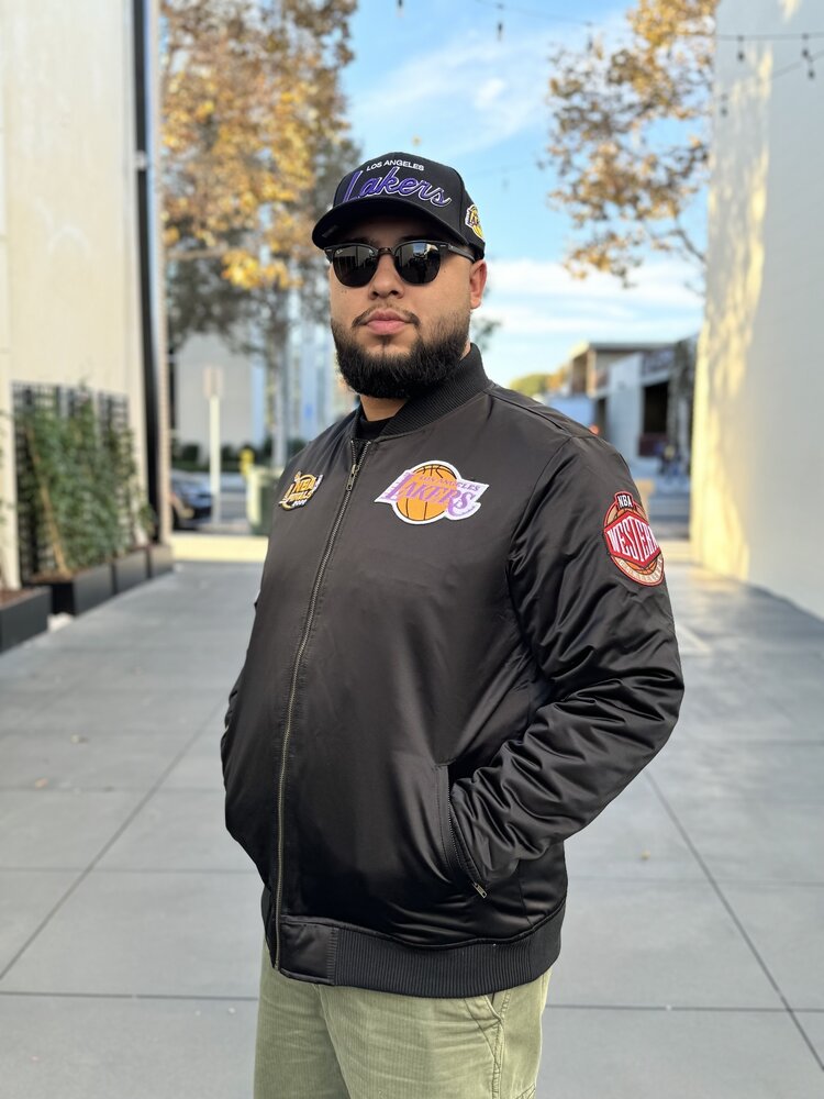 Mitchell and Ness LA Lakers M&N NBA Flight Satin Bomber Jacket Army Black