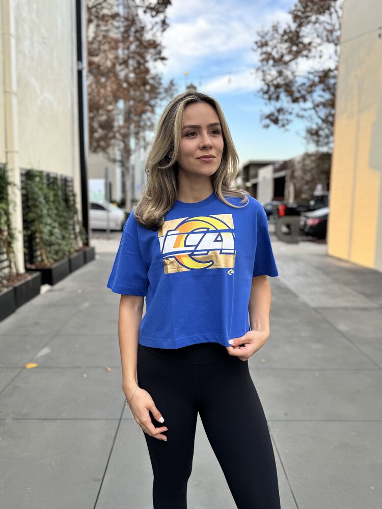 New Era Rams Women's NE Primary Logo Foil Blue Crew SS Crop Tee