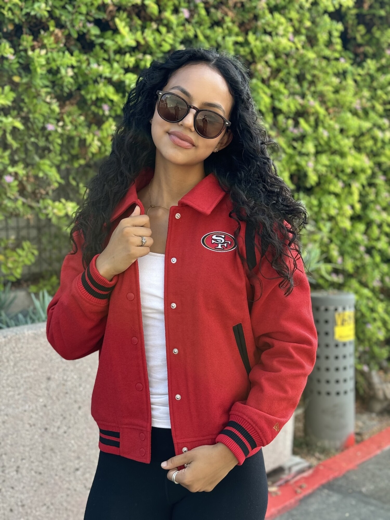 49ers Women's NE Varsity Wool Button Snap Jacket Red/Black - The