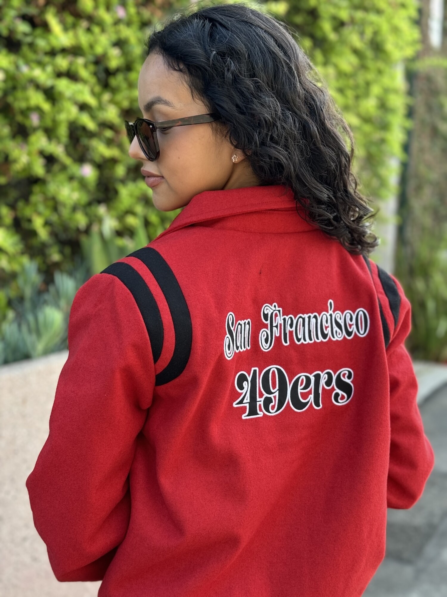 49ers Women's NE Varsity Wool Button Snap Jacket Red/Black - The