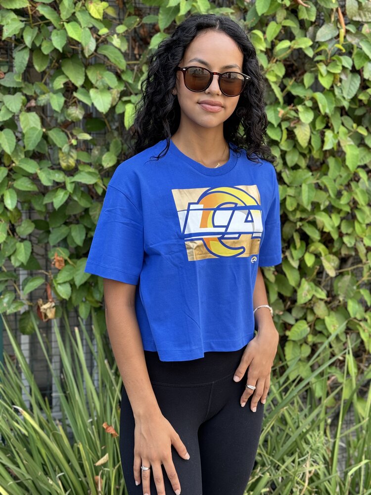 New Era Rams Women's NE Primary Logo Foil Blue Crew SS Crop Tee