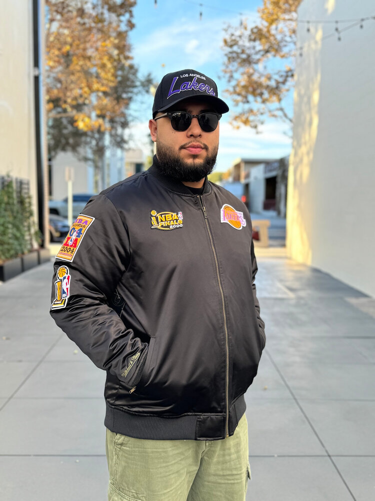 Mitchell and Ness LA Lakers M&N NBA Flight Satin Bomber Jacket Army Black