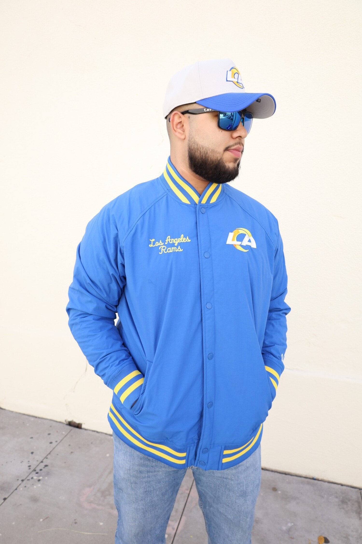 LA Rams NE M Royal Nylon Varsity Snap Button Jacket - The Locker